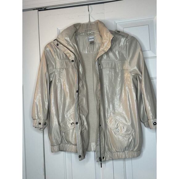Chico's Metallic Shimmer Utility Jacket Womens Sz 2 (L) Champagne Hooded Hidden - Picture 10 of 15